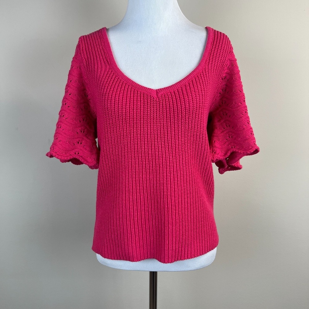 LULUS Poised & Precious Fuchsia Short Sleeve Sweater Knit Top Womens Medium Pink